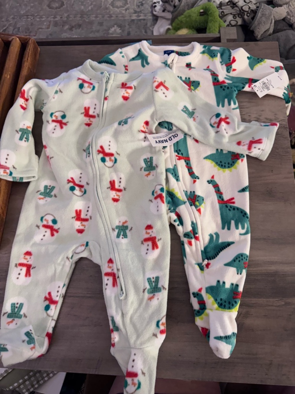 Old Navy Mint Green Fleece Baby Footie Set Snowman & Dinosaur Prints 3-6 Months
